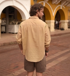 Long-Sleeve Shirt Leyca – beige with khaki embroidery – Shay collection – Miss June Paris – 4