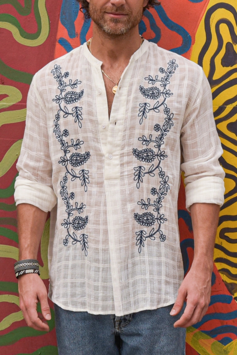 Cocora Shirt – white – blue embroidery – long sleeves – fluid material – Shay collection – Miss June Paris – 4