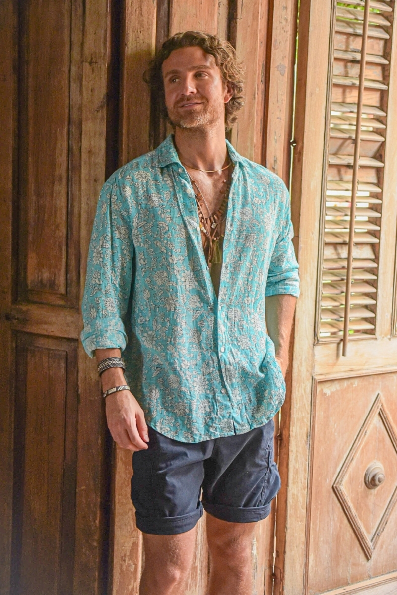Long Sleeve Shirt Popayan – turquoise – white floral print – lightweight – Shay collection – Miss June Paris – 2