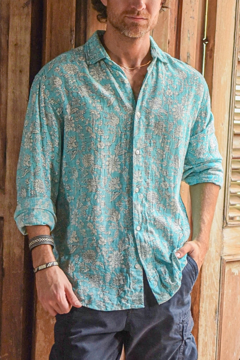 Long Sleeve Shirt Popayan – turquoise – white floral print – lightweight – Shay collection – Miss June Paris – 3