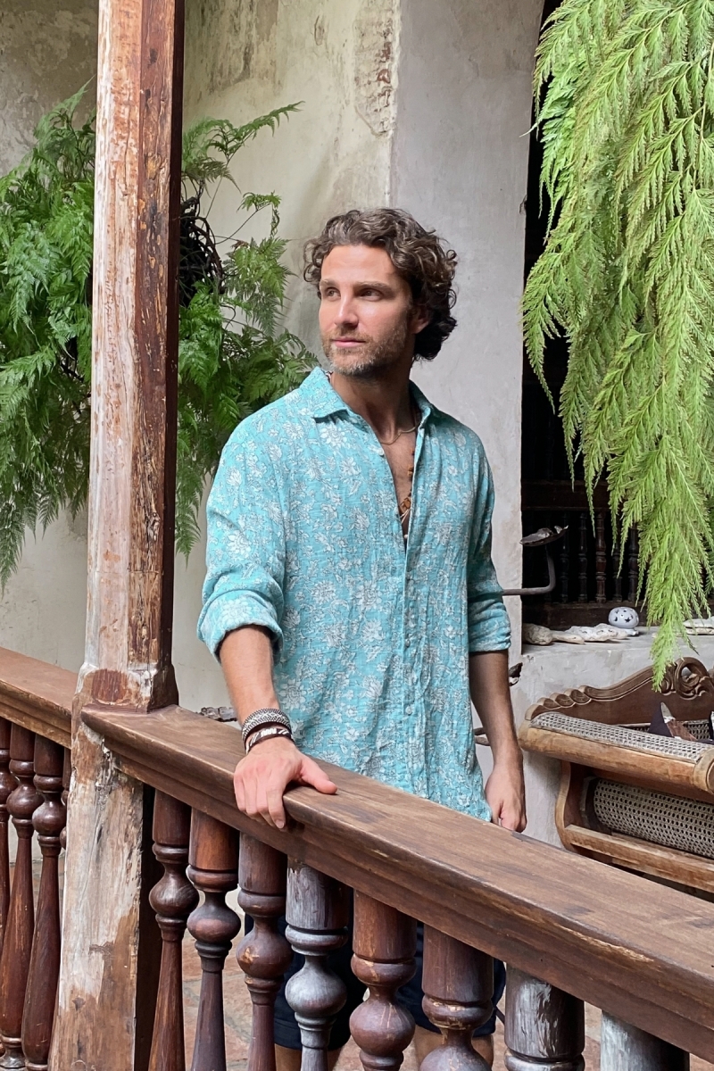 Long Sleeve Shirt Popayan – turquoise – white floral print – lightweight – Shay collection – Miss June Paris – 4