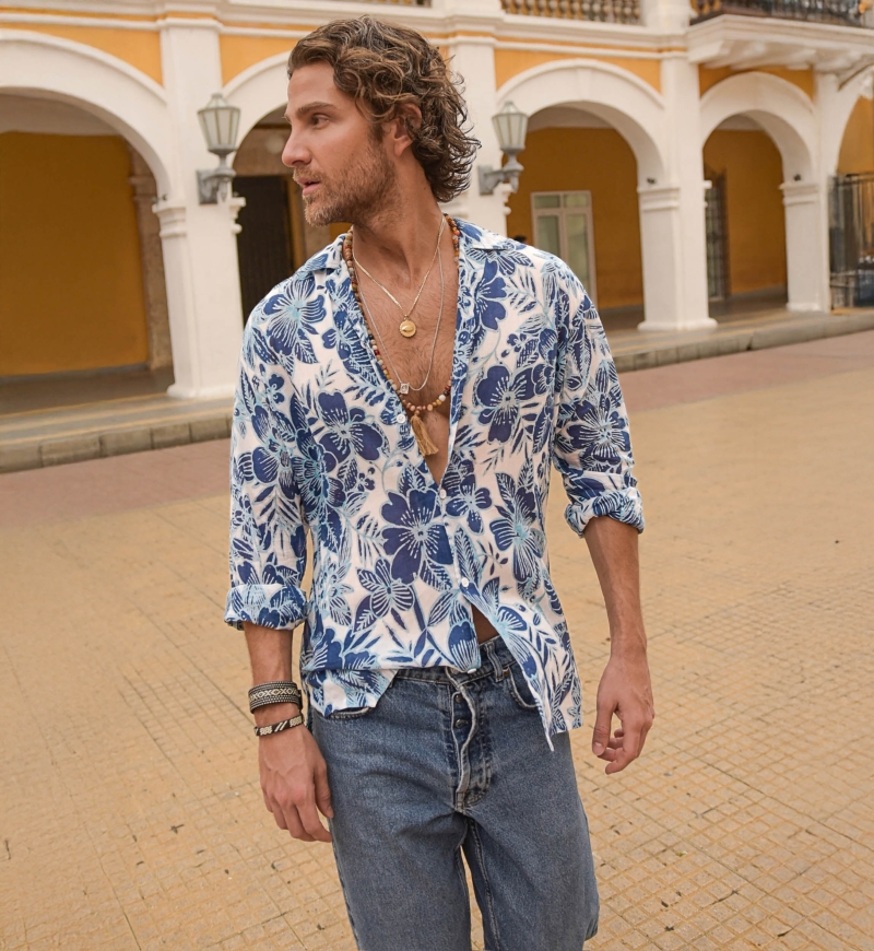 Barranquilla Shirt – white/blue – floral print – long sleeve – Shay collection – Miss June Paris – 1