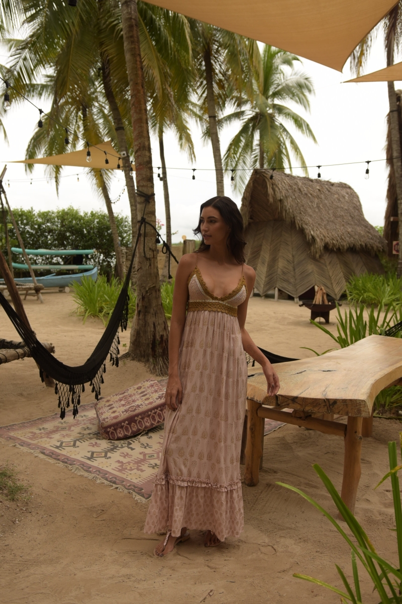 Long Dress Belen: pink - crochet top - thin straps - golden details - Miss June Paris - 3