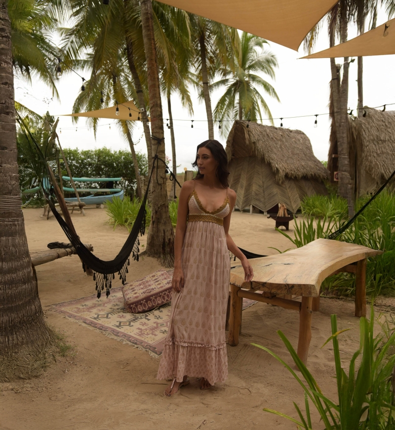 Long Dress Belen: pink - crochet top - thin straps - golden details - Miss June Paris - 3