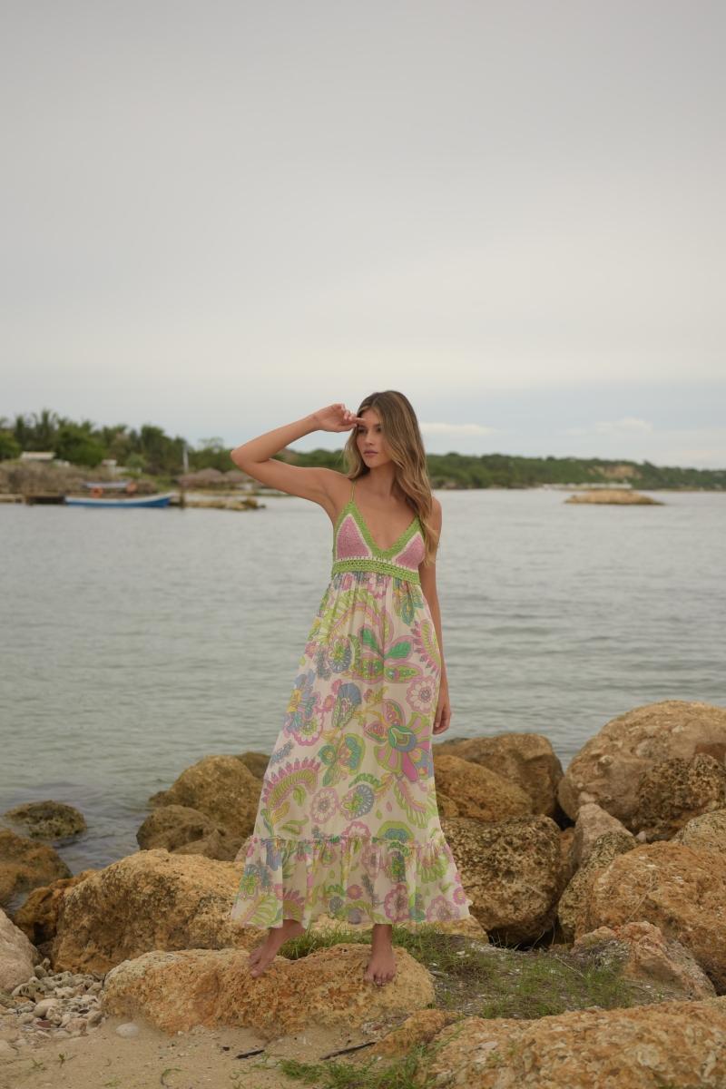 Vestido Longo Hortensia: multicolorido - padrão floral - parte superior em crochê - alças finas - Miss June Paris - 4