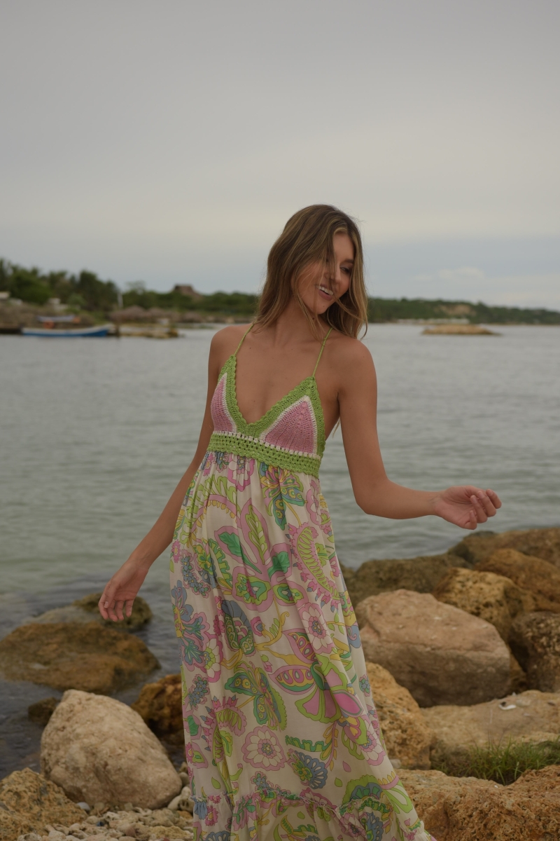 Vestido Largo Hortensia: multicolor - patrón floral - top de crochet - tirantes finos - Miss June Paris - 5
