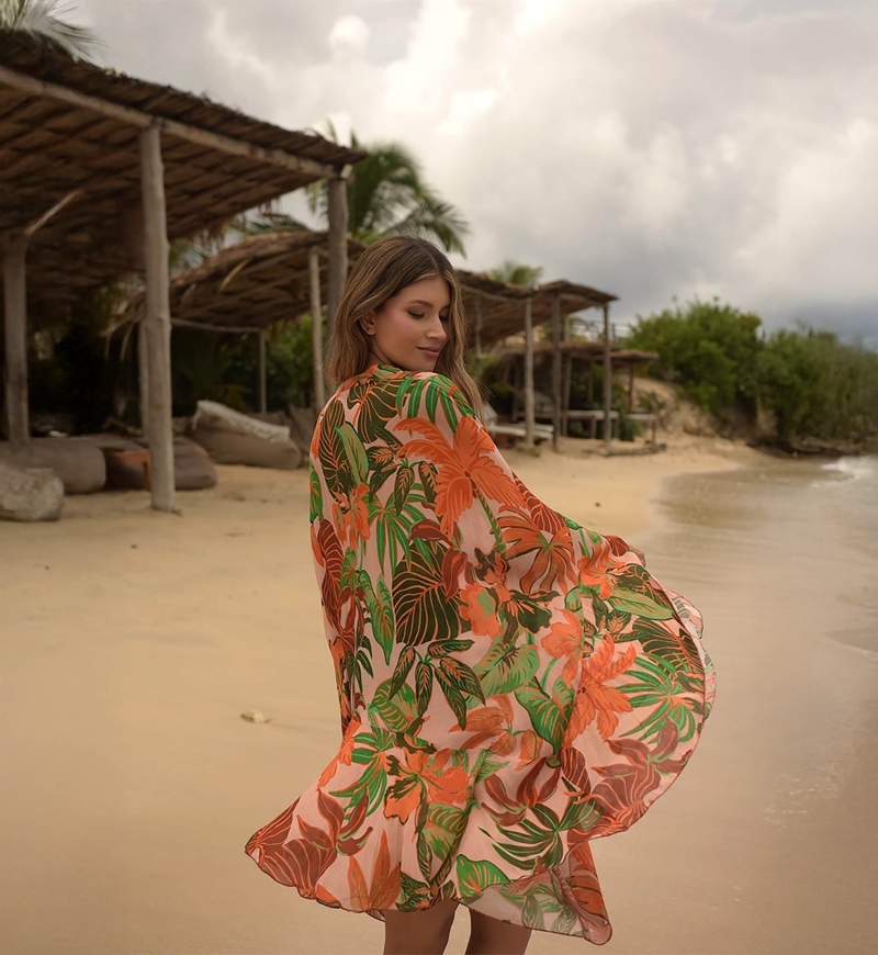 Kaftan Corto Aleida: naranja/multicolor - estampado tropical - pecho luminoso - Miss June Paris - 4