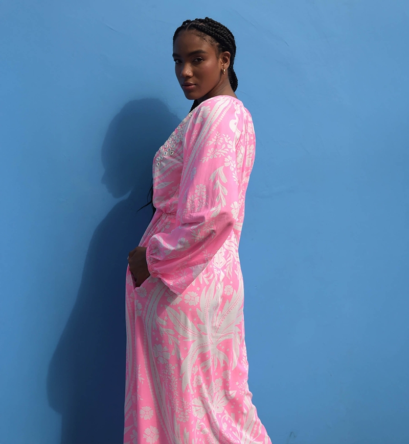 Ursula long dress - neon pink - sparkling bib - delicate white print - Miss June Paris - 4