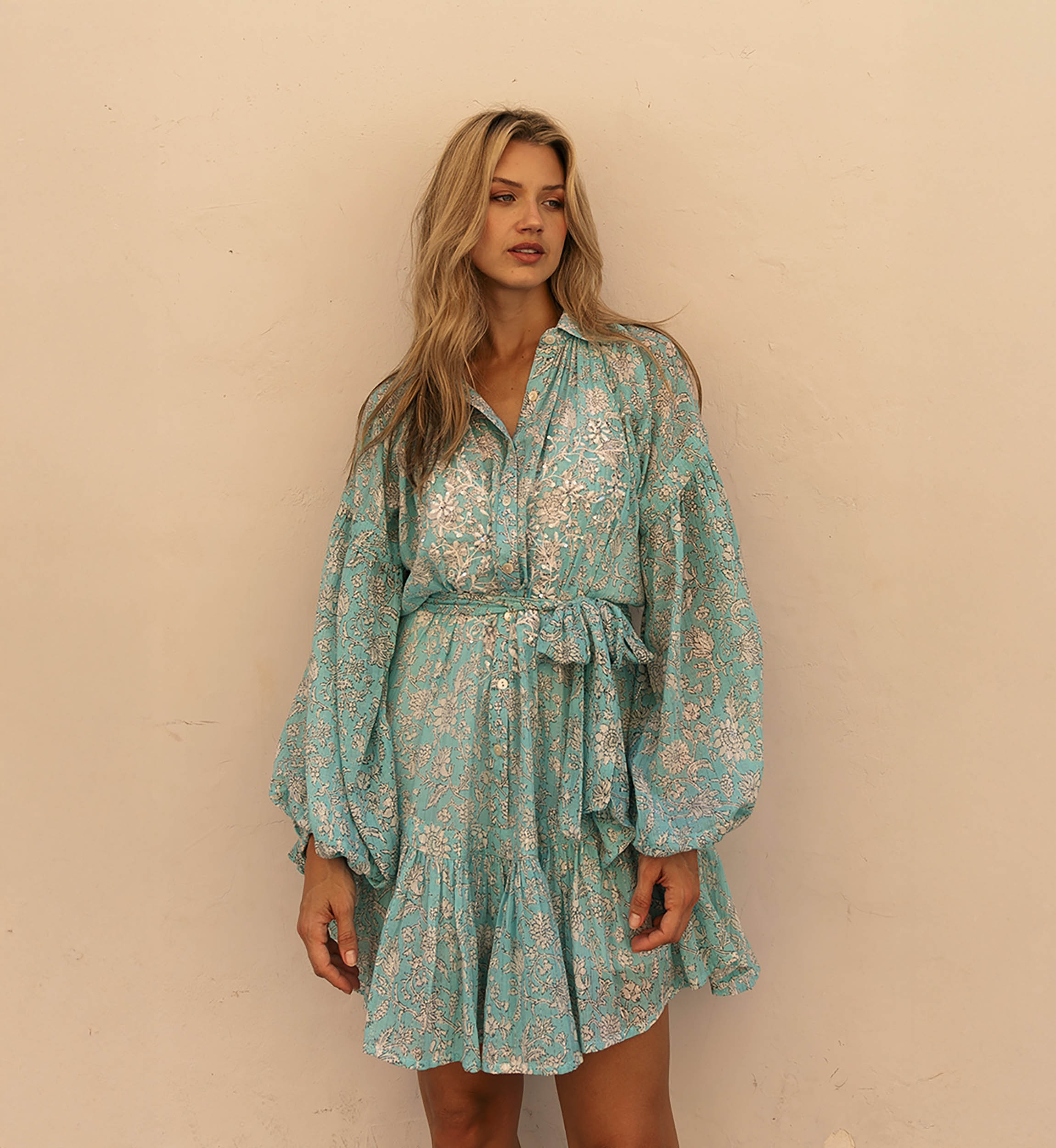 Pia short dress - blue - long sleeves - embroidered with sequins - Miss June Paris - 4