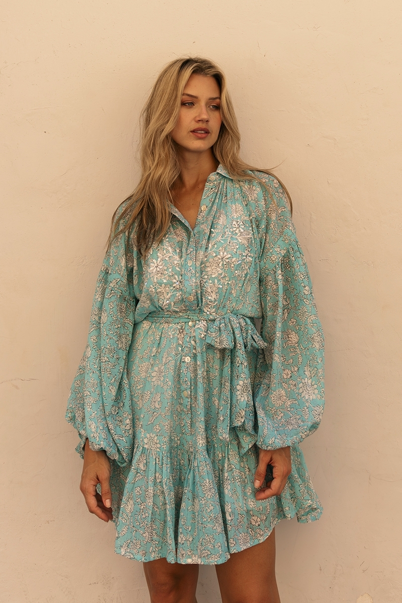 Vestido curto Pia - azul - mangas longas - bordado com lantejoulas - Miss June Paris - 4