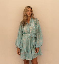 Pia short dress - blue - long sleeves - embroidered with sequins - Miss June Paris - 4