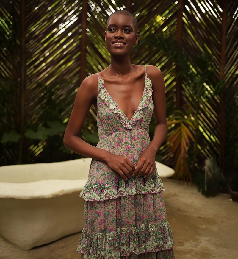 Pamela long dress - pastel pink - green and purple prints - V neckline - sparkling details - Miss June Paris - 4