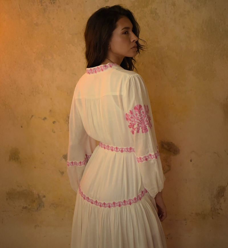Katerina long dress - white - adorned with pink embroidery - embroidered belt - silver buttons - Miss June Paris - 4
