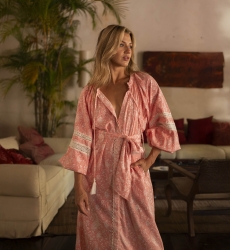 Vestido longo Rita - pêssego - detalhes sofisticados - estampa paisley - Miss June Paris - 1