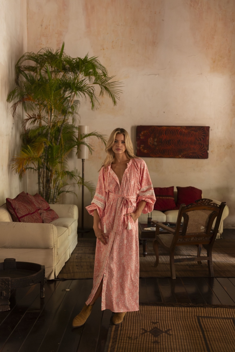 Rita long dress - peach color - sophisticated details - paisley print - Miss June Paris - 2