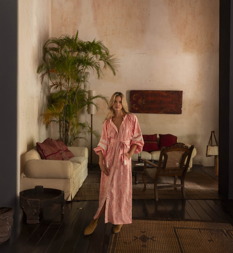 Vestido largo Rita - melocotón - detalles sofisticados - estampado de cachemir - Miss June Paris - 2