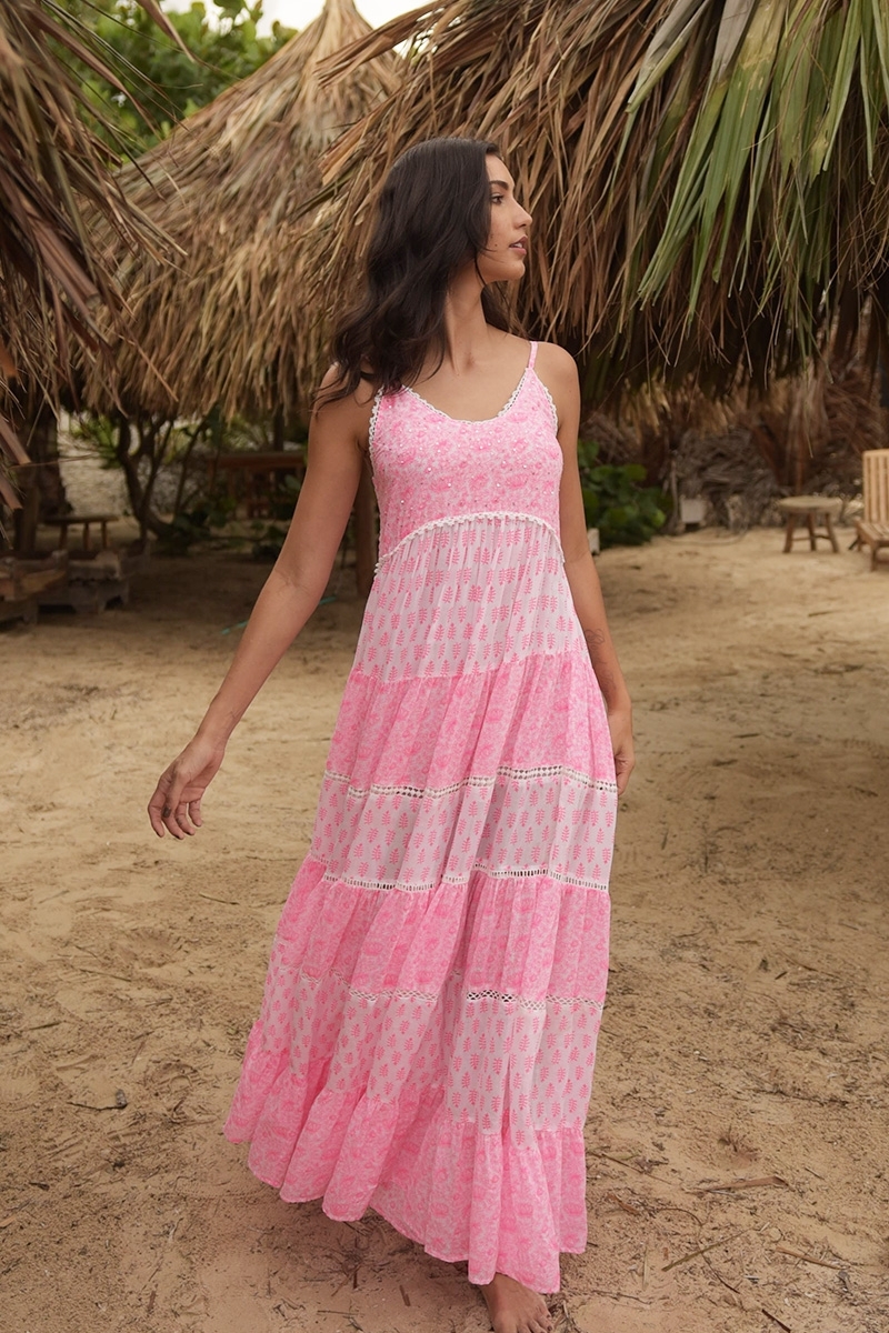 Vestido longo Dayana - floral e ajustável - branco / rosa neon - Miss June Paris - 4