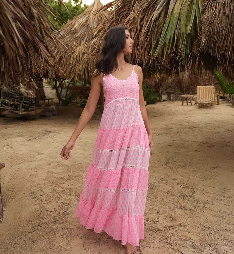 Vestido largo Dayana - floral y ajustable - blanco / rosa neón - Miss June Paris - 4