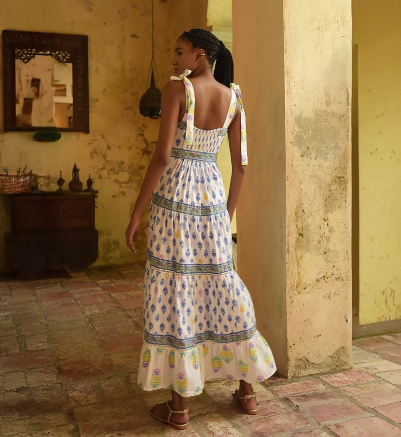 Vestido longo Paulina - branco - estampas em azul, amarelo e rosa - alças ajustáveis - Miss June Paris - 4