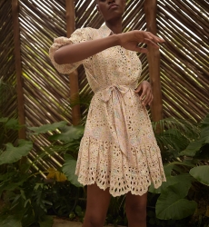 Vestido curto Teodora - bordado rosa - estampa floral - mangas 3/4 bufantes - cinto combinando - Miss June Paris - 3