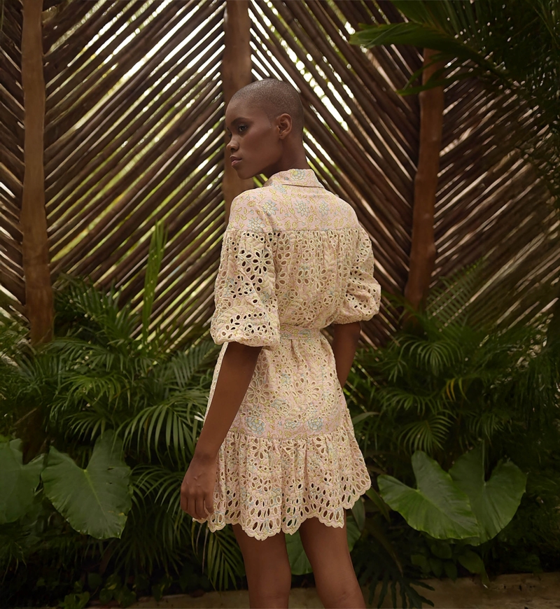 Teodora short dress - pink embroidery - floral print - 3/4 puff sleeves - matching belt - Miss June Paris - 3