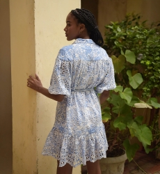 Violeta short dress - white - blue floral print - removable belt - Miss June Paris - 4