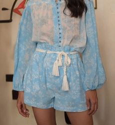 Shorts Ilara - azul - estampa floral branca - cintura alta - tamanhos 1 e 2 - Miss June Paris - 4