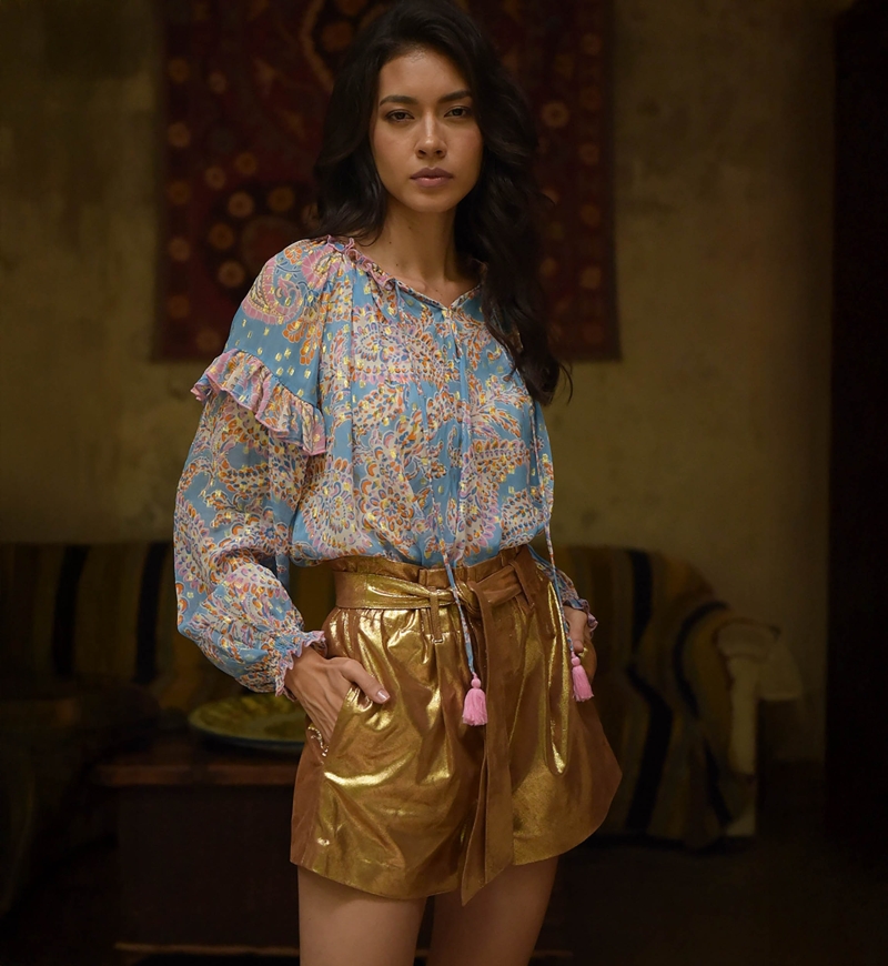 Renata blouse - light blue blouse - pink and gold paisley print - long sleeves - Miss June Paris - 4