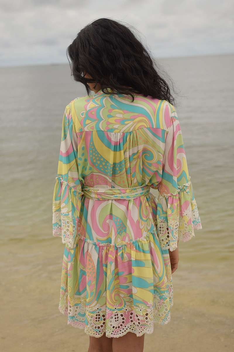 Querida short dress - pastel colors - casual style - delicately embroidered and adorned with small mirrors - Miss June Paris - 4