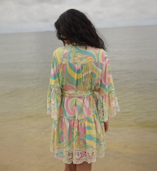 Querida short dress - pastel colors - casual style - delicately embroidered and adorned with small mirrors - Miss June Paris - 4