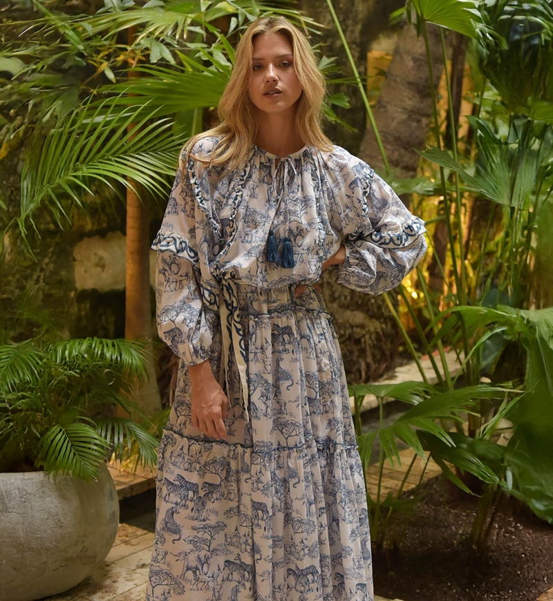 Francesca long dress - blue - savannah pattern - elegant silhouette - long sleeves - Miss June Paris - 3