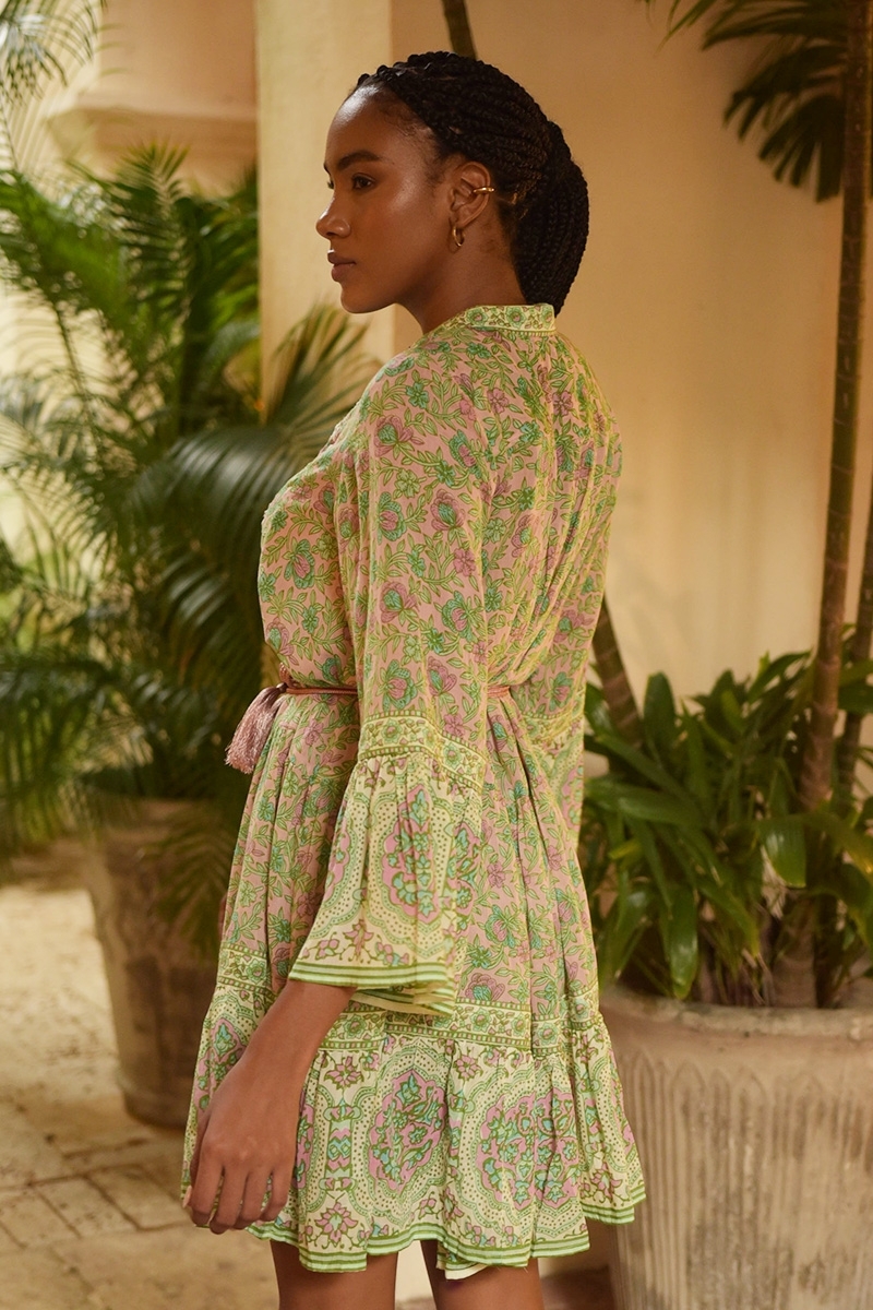 Vestido corto Helena - rosa y verde - delicado estampado floral - detalles bordados - Miss June Paris - 4