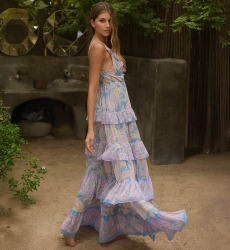 Yolanda long dress - blue - pink paisley print - adorned with delicate ruffles - discreet sequins - Miss June Paris - 4