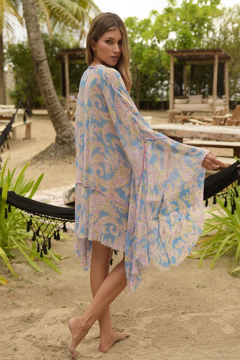 Madalena short caftan - blue - embroidered details - pink paisley print - asymmetrical cut - Miss June Paris - 4