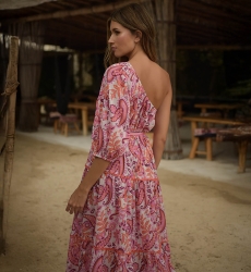 Vestido longo Belle - estilo boêmio chique - estampa paisley - corte assimétrico - um ombro descoberto - Miss June Paris - 4