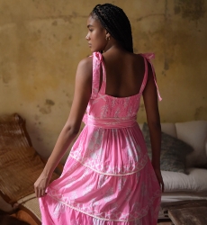 Vestido longo Amalia - comprimento ajustável - rosa neon - estampa boêmia - decote redondo - Miss June Paris - 4