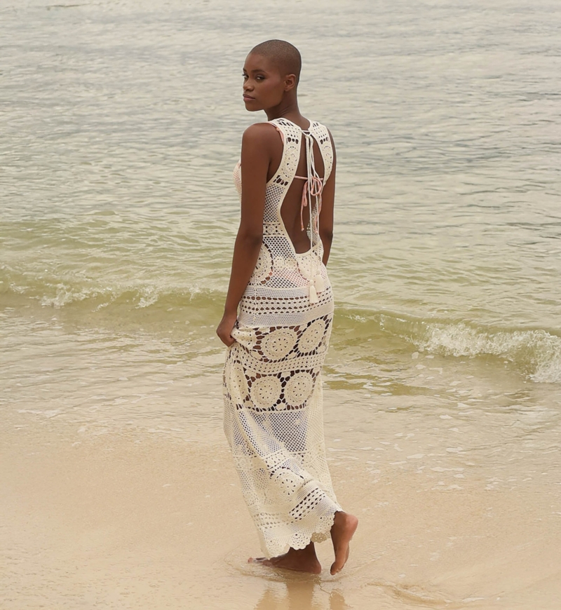 Angel Long Dress - White - Crochet - Short Sleeves - Open Back - Bohemian - Miss June Paris - 4