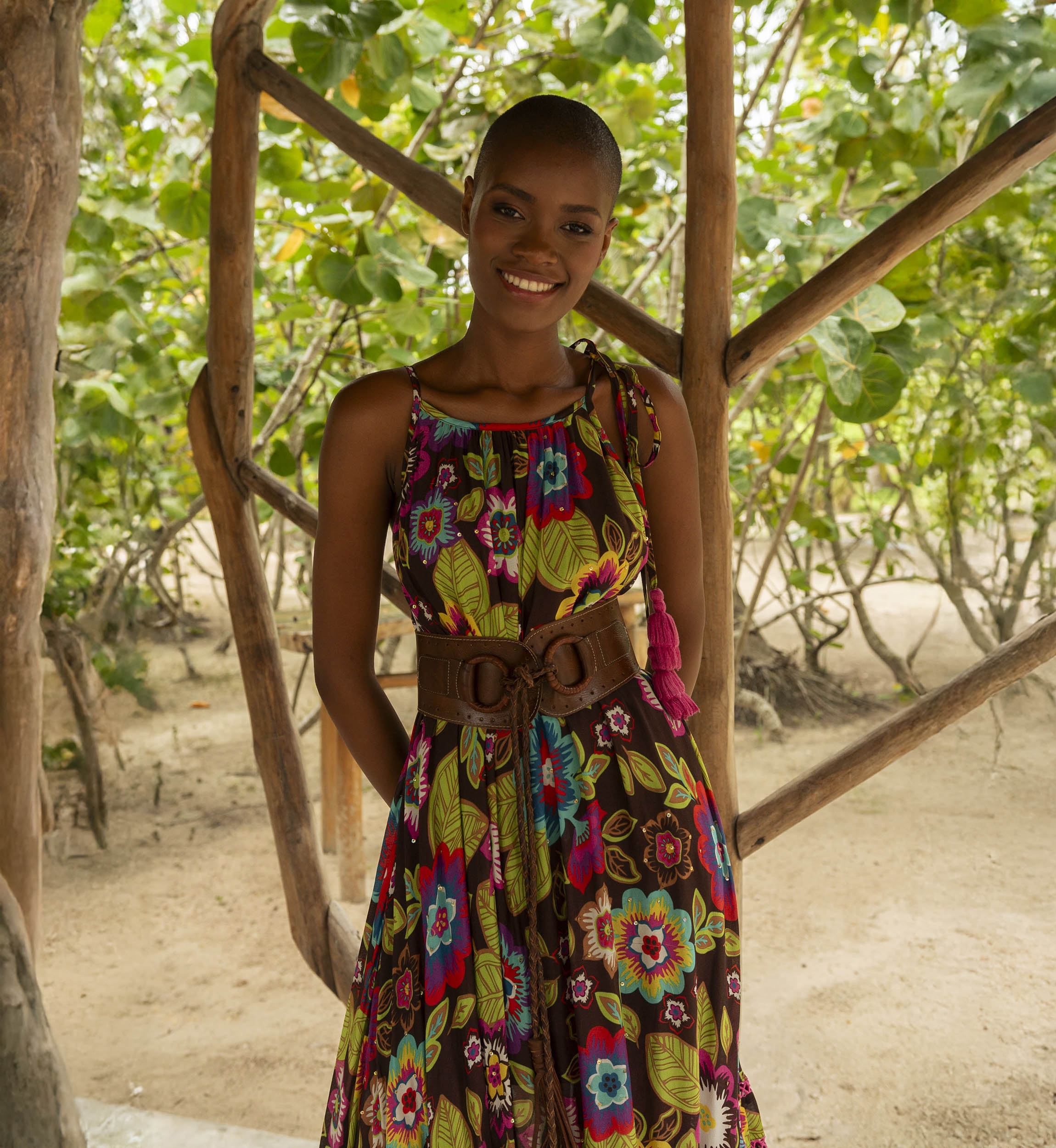 Vestido longo ASTOR: marrom - floral boho - alças finas - Miss June Paris - 1