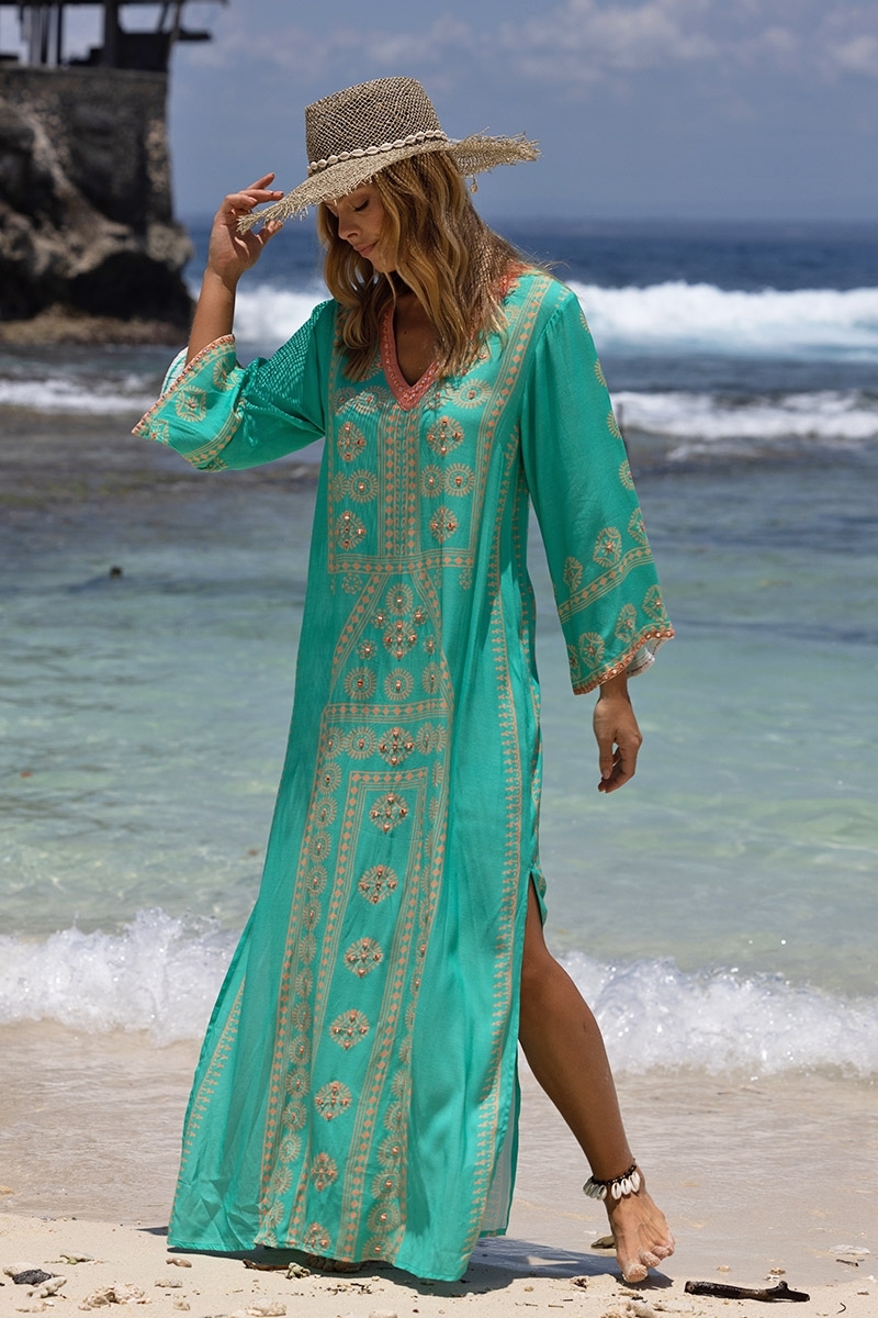 Vestido longo Lizzy - turquesa - motivos dourados - Miss June Paris - 2