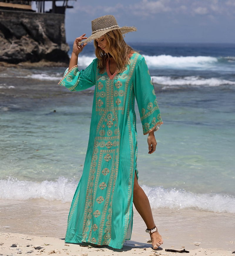 Lizzy long dress - turquoise - gold patterns - Miss June Paris - 2