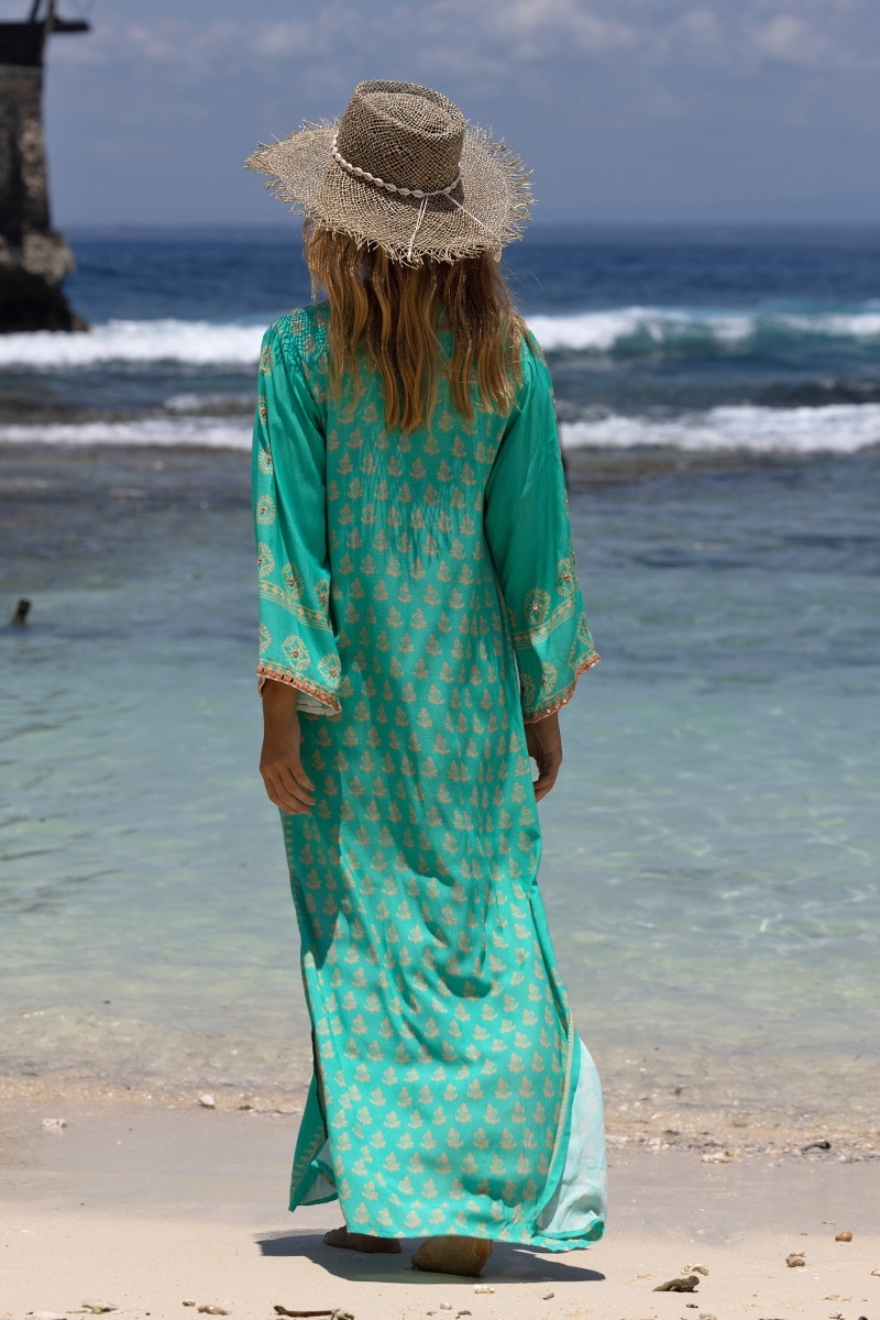 Vestido longo Lizzy - turquesa - motivos dourados - Miss June Paris - 3