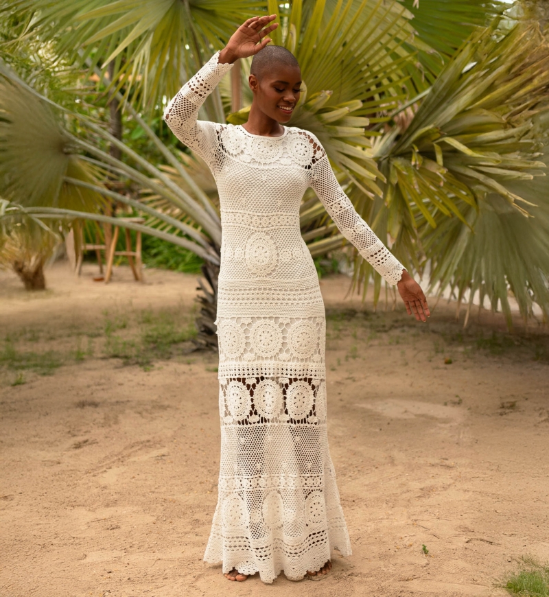Birkin Long Dress - white- Crochet - Long Sleeves - Bohemian - Miss June Paris - 1