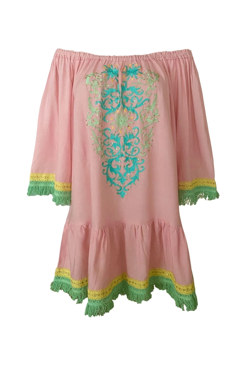 Vestido Corto Azra: rosado - pechera bordada - hombros descubiertos - 100% Modal - flecos de algodón - Miss June Paris - 6