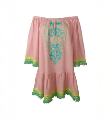 Azra Short Dress: pink - embroidered bib - off-shoulder - 100% Modal - cotton fringes - Miss June Paris - 6