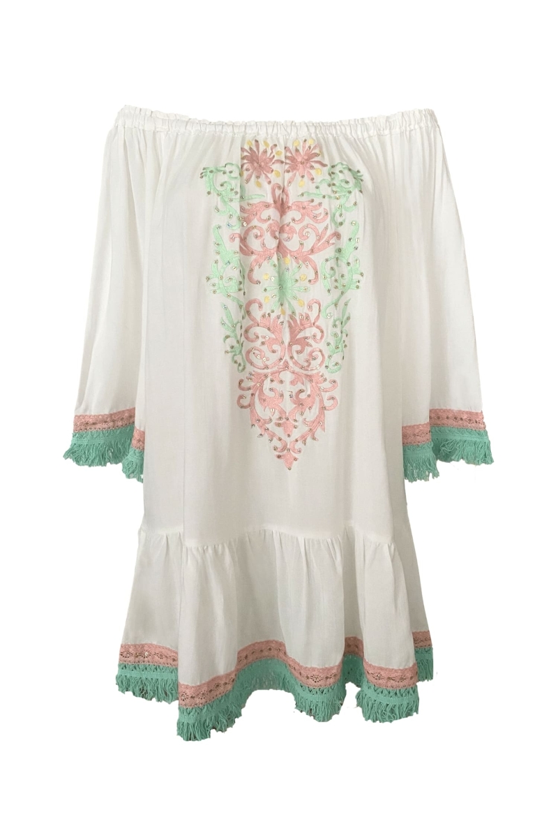 Vestido Curto Azra: branco- peitoral bordado - ombros à mostra - 100% Modal - franjas de algodão - Miss June Paris - 6