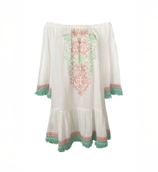 Azra Short Dress: white - embroidered bib - off-shoulder - 100% Modal - cotton fringes - Miss June Paris - 6