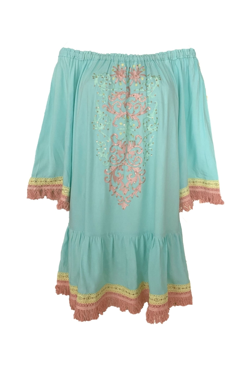 Vestido Curto Azra: aqua - peitoral bordado - ombros à mostra - 100% Modal - franjas de algodão - Miss June Paris - 6