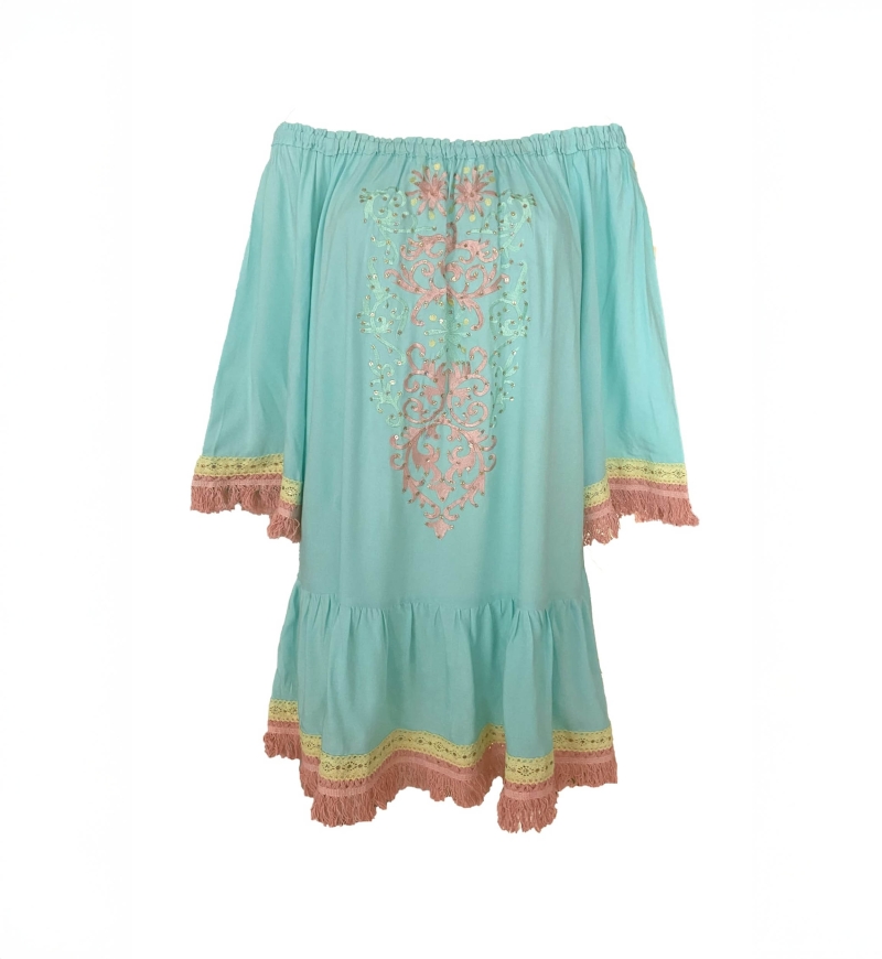 Azra Short Dress: aqua - embroidered bib - off-shoulder - 100% Modal - cotton fringes - Miss June Paris - 6