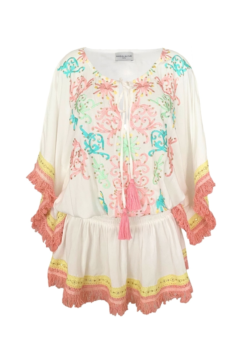 Vestido Corto Sejla: blanco - pechera bordada - 100% Modal - flecos de algodón - toque bohemio - Miss June Paris - 7