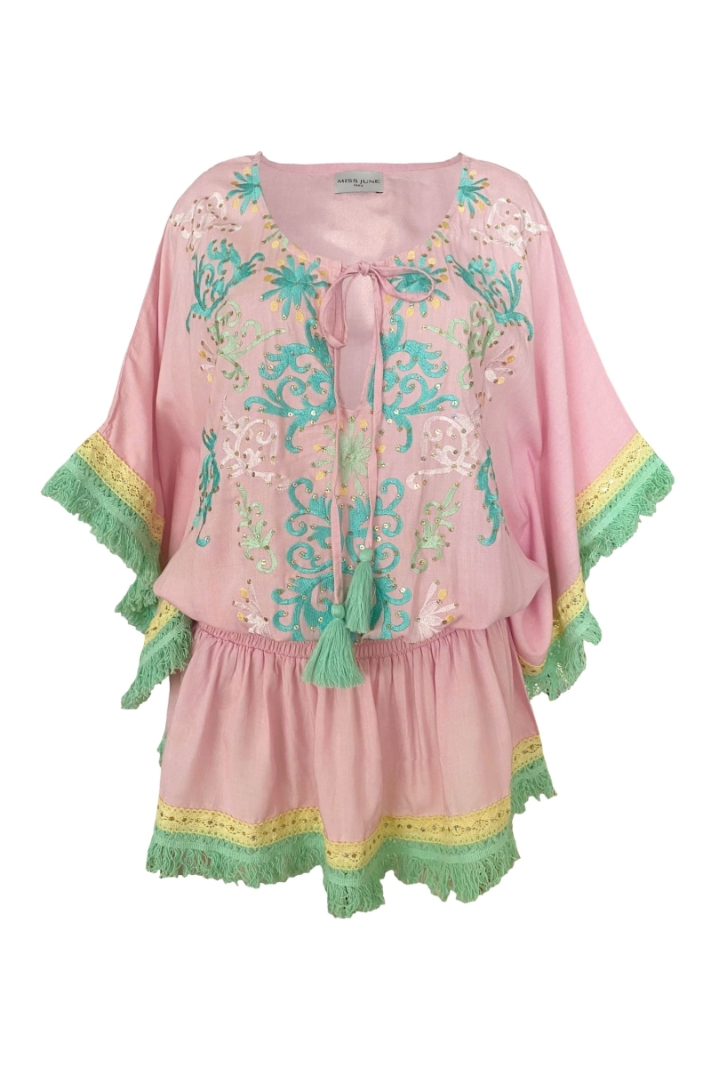 Vestido Corto Sejla: rosado - pechera bordada - 100% Modal - flecos de algodón - toque bohemio - Miss June Paris - 6